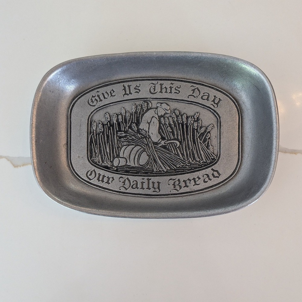 Vtg Wilton Armetale Serving Tray Small Give Us This Day Our Daily Bread Rustic‎